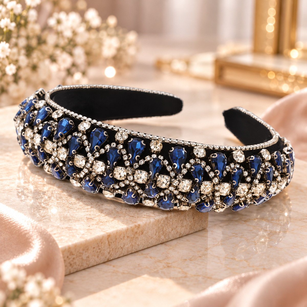 Luxuriöser Haarreifen mit saphirblauen Kristallsteinen und Strass – Funkelnde Eleganz