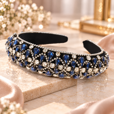 Luxuriöser Haarreifen mit saphirblauen Kristallsteinen und Strass – Funkelnde Eleganz