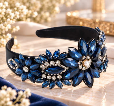 Luxuriöser Haarreifen mit saphirblauen Kristallblüten und Strass – Blütenzauber voller Glamour