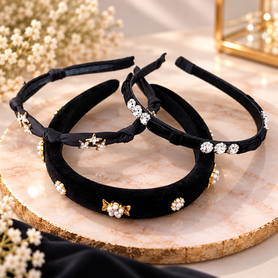 Glamouröse schwarze Haarreifen mit Strass, Perlen und Sternen – Eleganz, die verzaubert