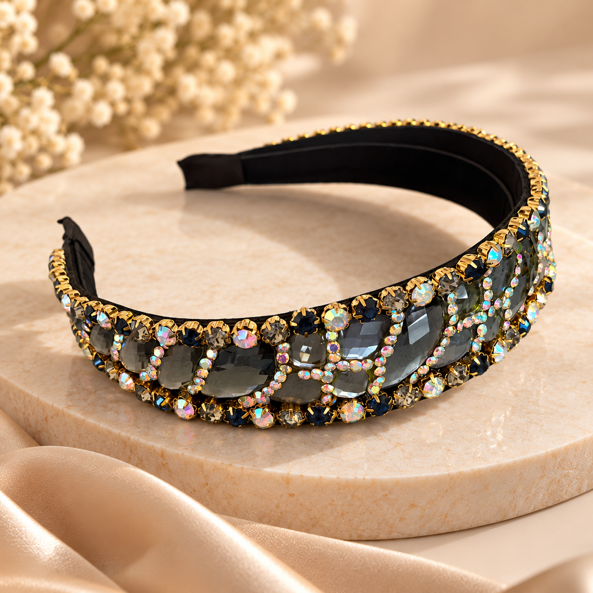 Midnight Sparkle – Luxuriöser Haarreifen mit funkelnden Kristallen in Schwarz und Gold