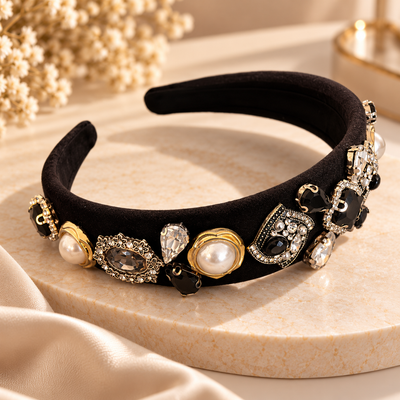Black Royal Glamour – Eleganter Schmuck-Haarreifen mit Perlen und funkelnden Kristallen