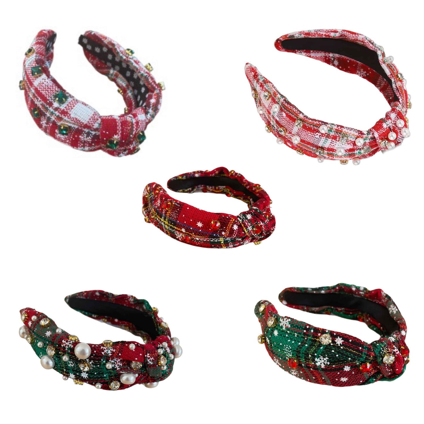 Festlicher Haarreifen mit kariertem Stoff, Perlen und funkelnden Strasssteinen