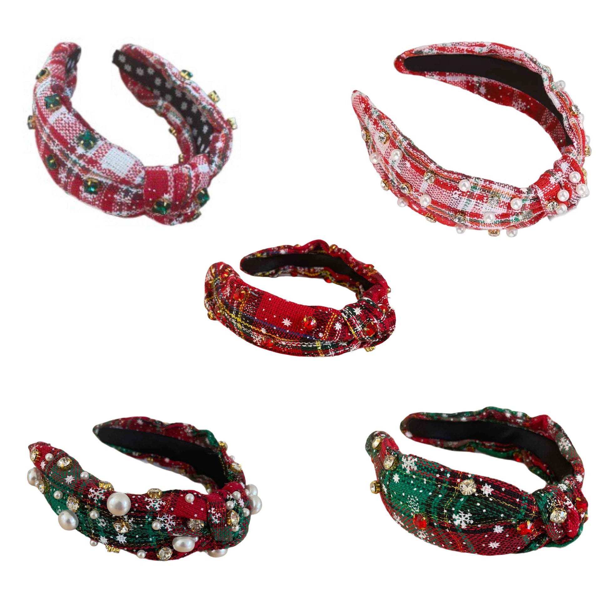 Festlicher Haarreifen mit kariertem Stoff, Perlen und funkelnden Strasssteinen