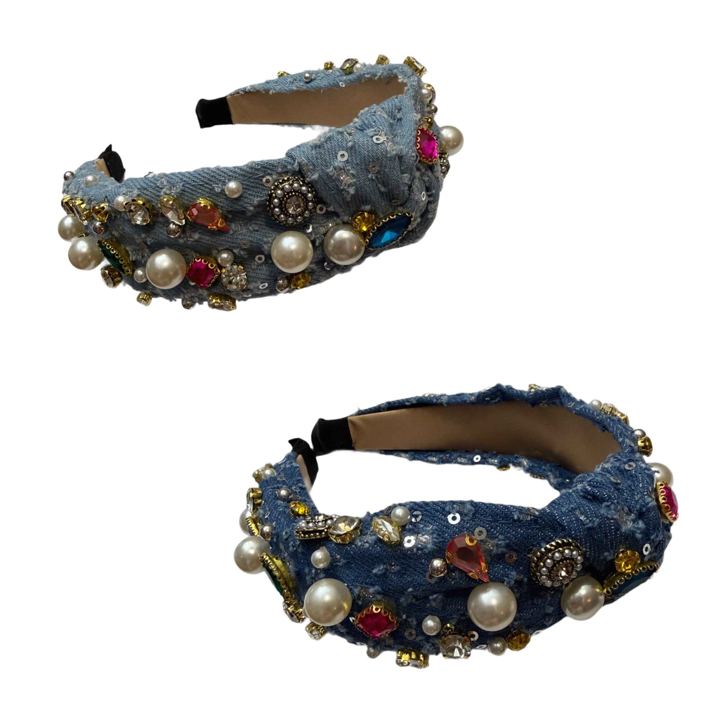 Knotenpoesie — Jeansreif mit Silberpailletten, Strass & Perlen