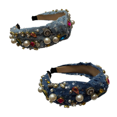 Knotenpoesie — Jeansreif mit Silberpailletten, Strass & Perlen