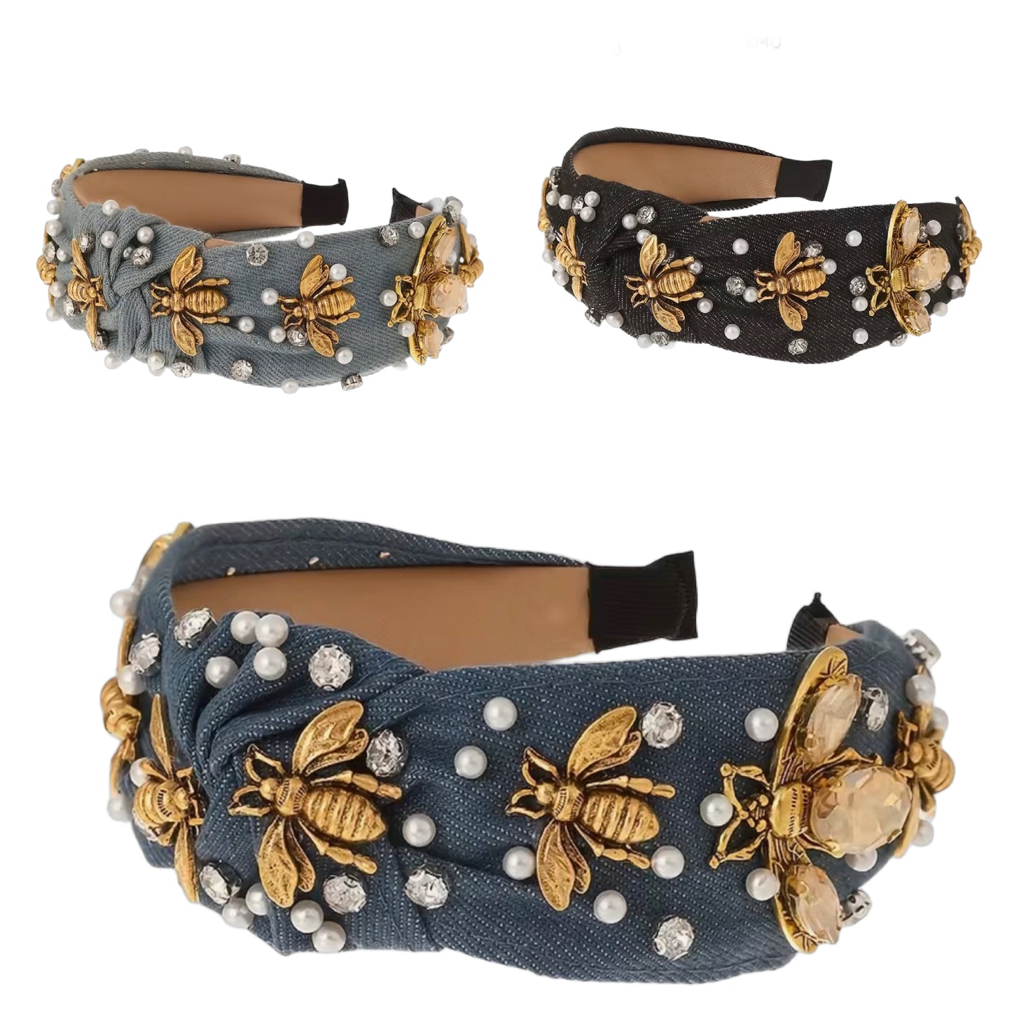 Golden Bee – Jeans Haarreifen mit goldenen Bienen, Perlen & Strass
