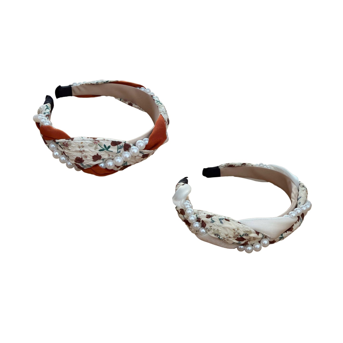 Geflochtener Haarreifen mit Blumenprint & Perlen – Romantischer Charme in Creme und Rost