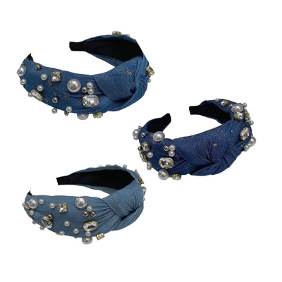Serre-tête en jean avec perles et pierres