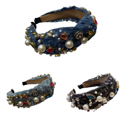 Knotenpoesie — Jeansreif mit Silberpailletten, Strass & Perlen