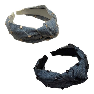 Himmelsfalter — Jeans‑Tüll‑Reif mit Glasperlen, oben mittig geknotet