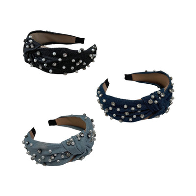 Jeans Haarreifen mit Perlen und Steinchen