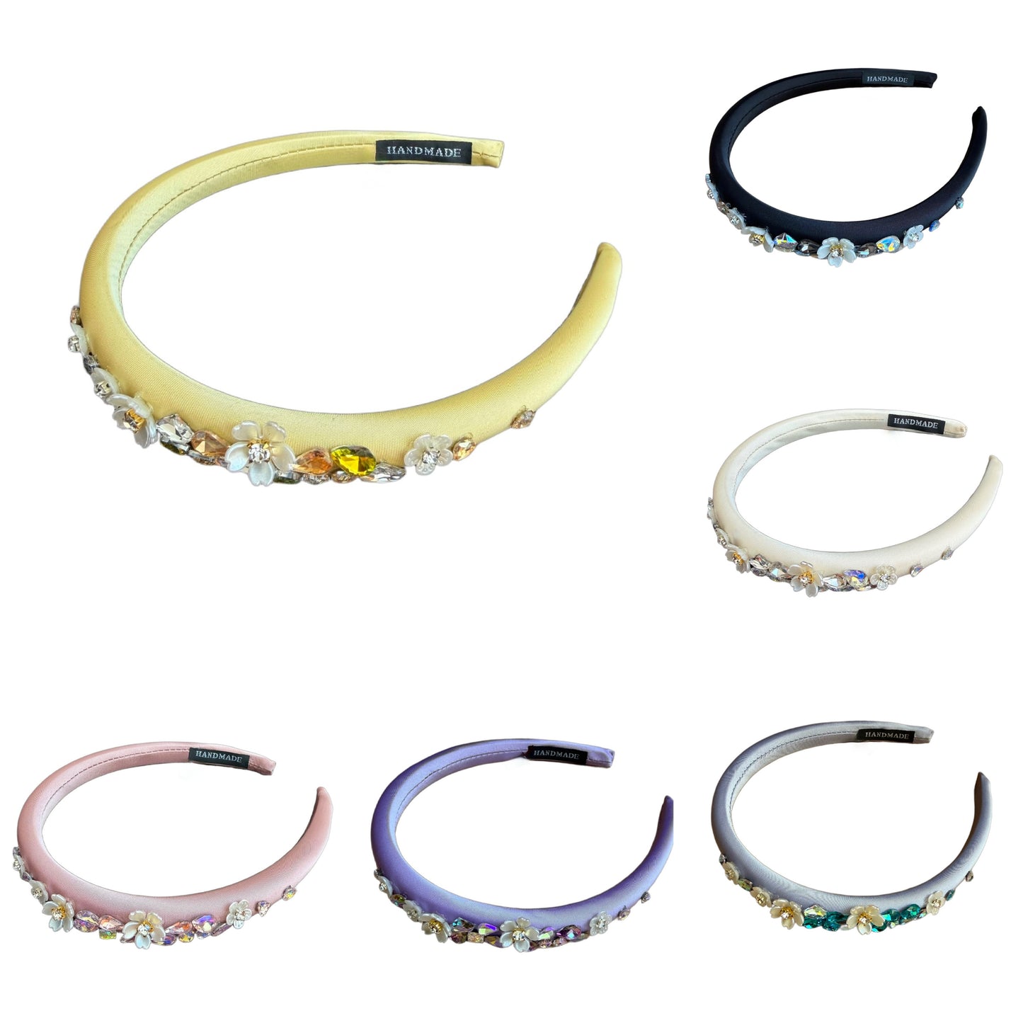 Schmaler Satin-Haarreifen mit Blüten & Strass – Zarte Eleganz mit glamourösem Glanz