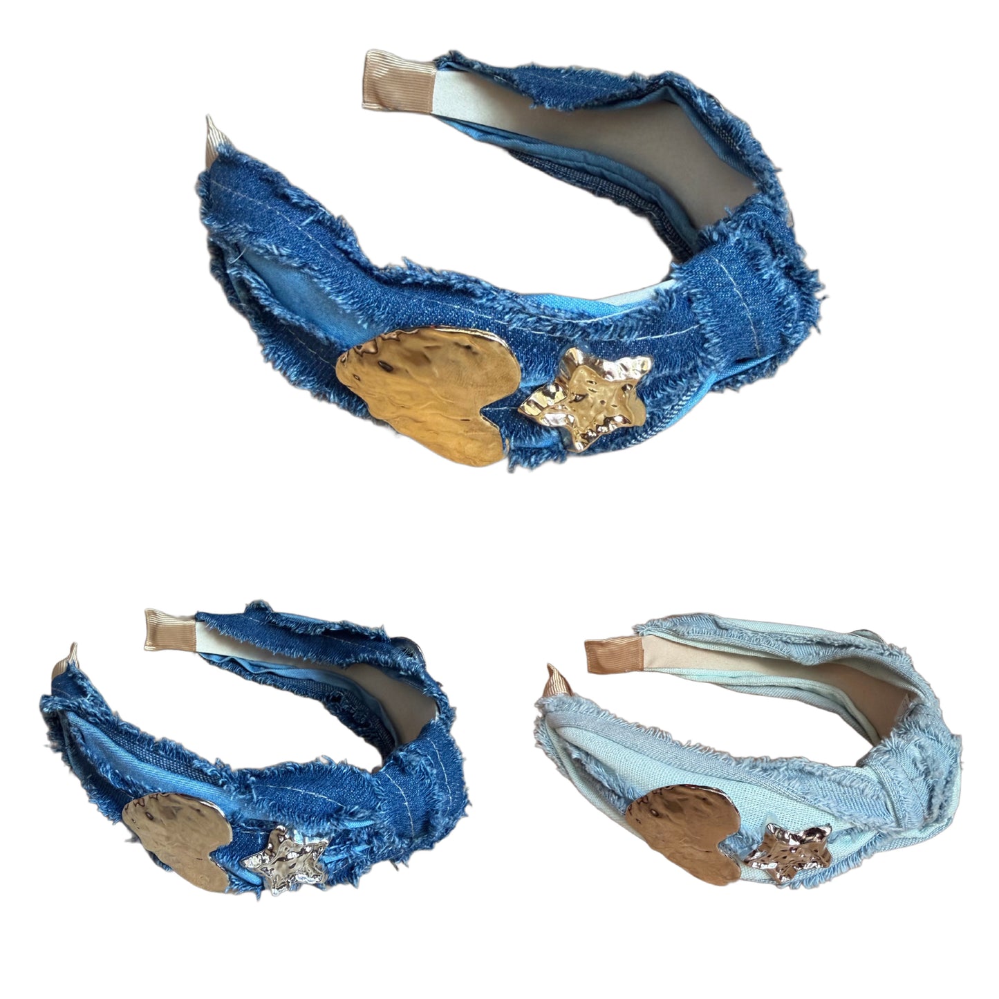 Jeans-Haarreifen mit grossen Herzen & Sternen – Lässiger Denim-Look mit glamourösem Akzent