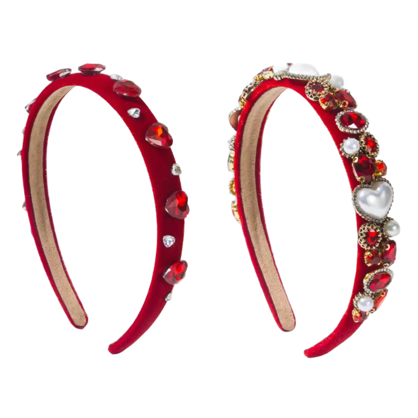 Roter Samt-Haarreifen mit Strass, Perlen & Herzen – Glamouröses Accessoire mit Herz