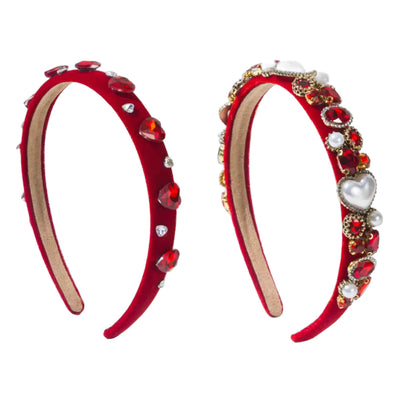 Roter Samt-Haarreifen mit Strass, Perlen & Herzen – Glamouröses Accessoire mit Herz