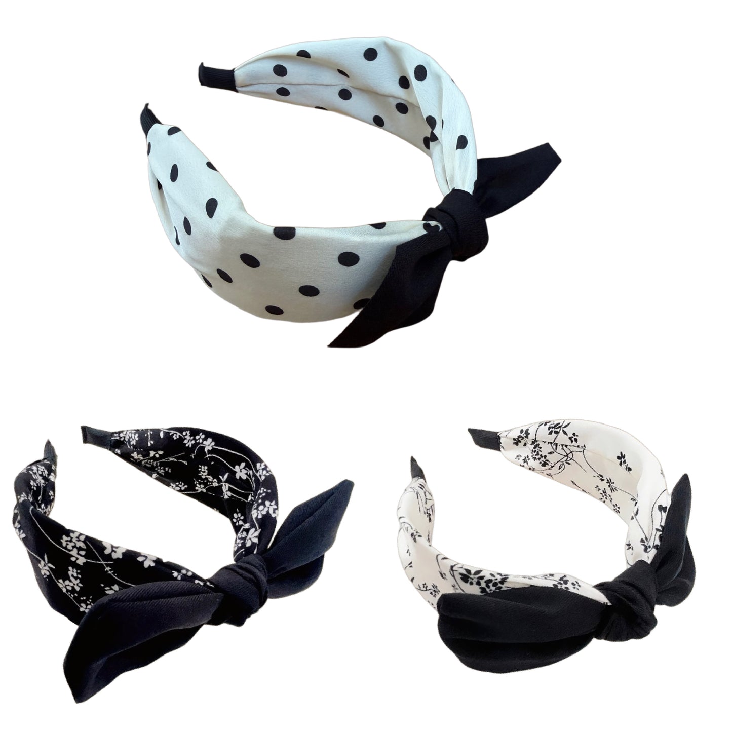 🎀🖤 Schwarz-Off-White Haarreifen mit Schleife – Rockabilly Blumen & Punkte Vintage Pin-up