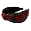 Schwarzer Jaguar-Haarreifen mit roten Blüten & grünen Blättern – Look mit Knoten