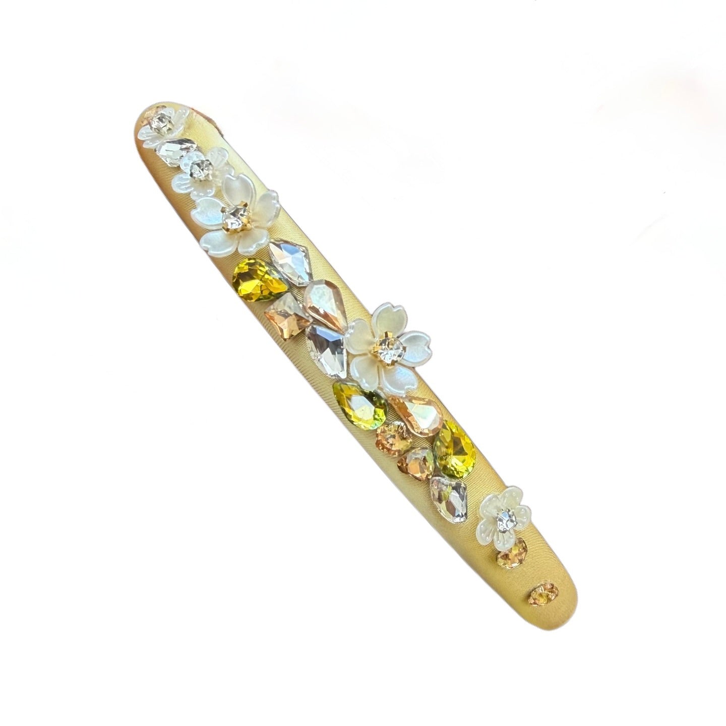 Schmaler Satin-Haarreifen mit Blüten & Strass – Zarte Eleganz mit glamourösem Glanz