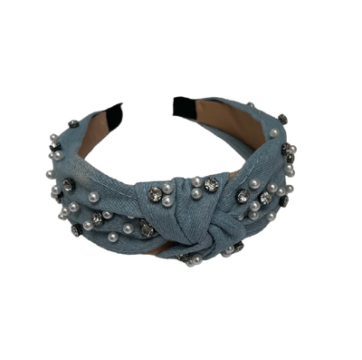 Jeans Haarreifen mit Perlen und Steinchen