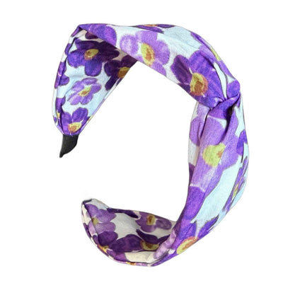 Blütenknoten — Schlichter Haarreif Lila‑Weiß mit Blütendruck & mittigem Knoten