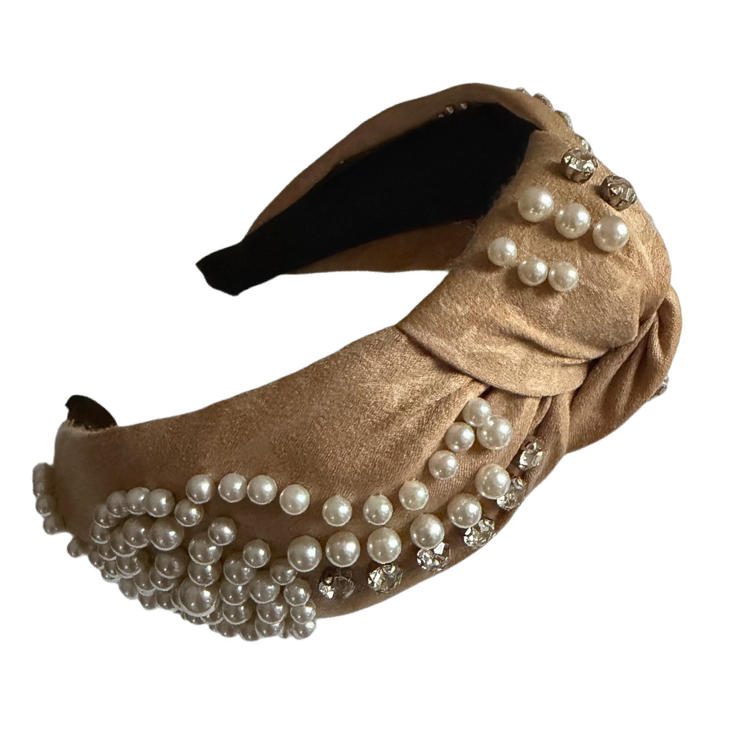 Sandrosé — Beiger Haarreif mit Perlen, Strass & mittigem Knoten