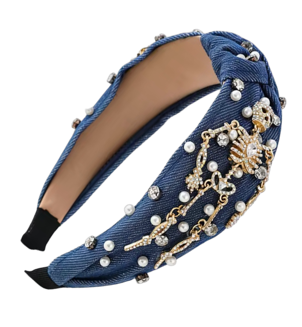 Jeans Haarreifen mit Skelett, Perlen & Strass – glamouröser Halloween-Look