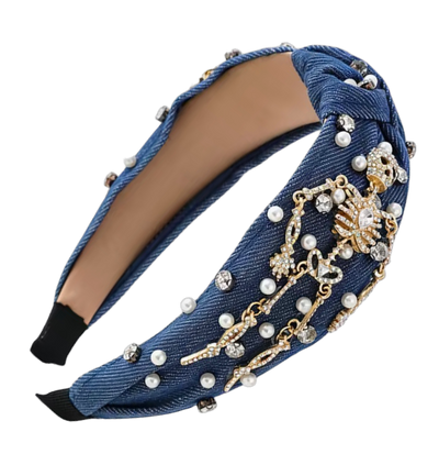 Jeans Haarreifen mit Skelett, Perlen & Strass – glamouröser Halloween-Look