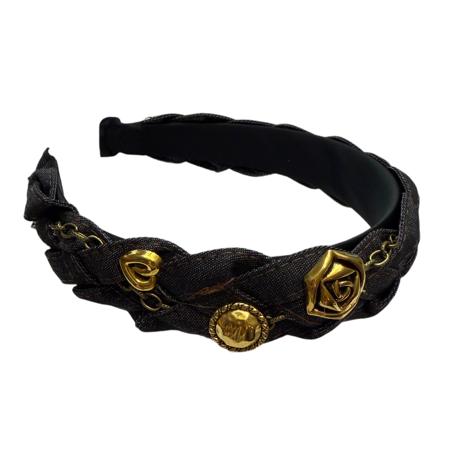 Urban Kranz — Geflochtener Jeansreif mit Kettendetail und Goldakzenten