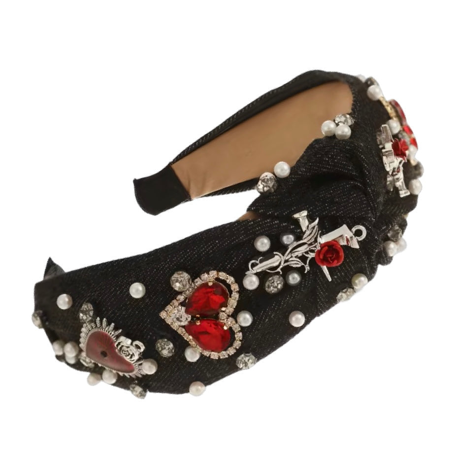 Schwarzer Jeans-Haarreifen mit Perlen, roten Herzen & Strass – Besonderer Knoten mit Glamour