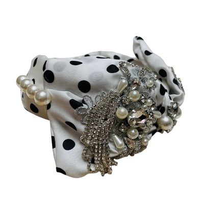 Bandeau blanc/noir tacheté de perles de pierres en maille