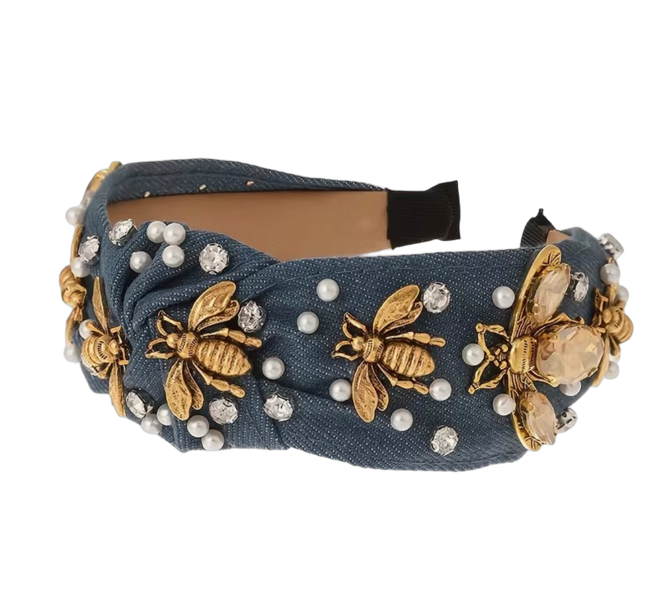 Golden Bee – Jeans Haarreifen mit goldenen Bienen, Perlen & Strass