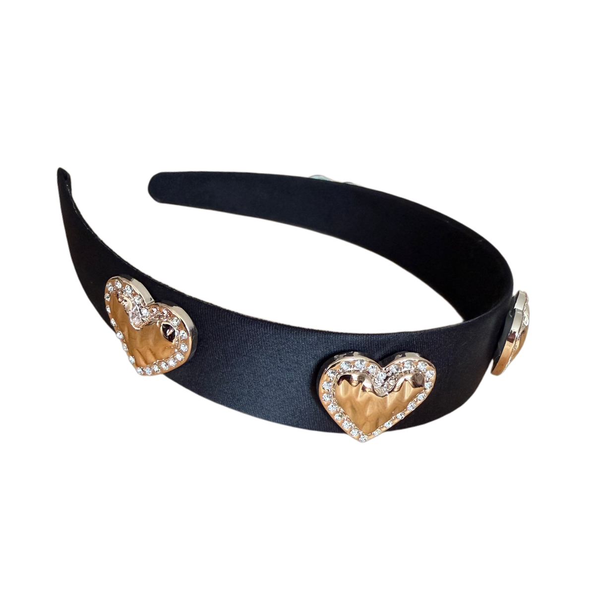 Eleganter Satin-Haarreifen mit goldenen Strass-Herzen – glamourös & feminin