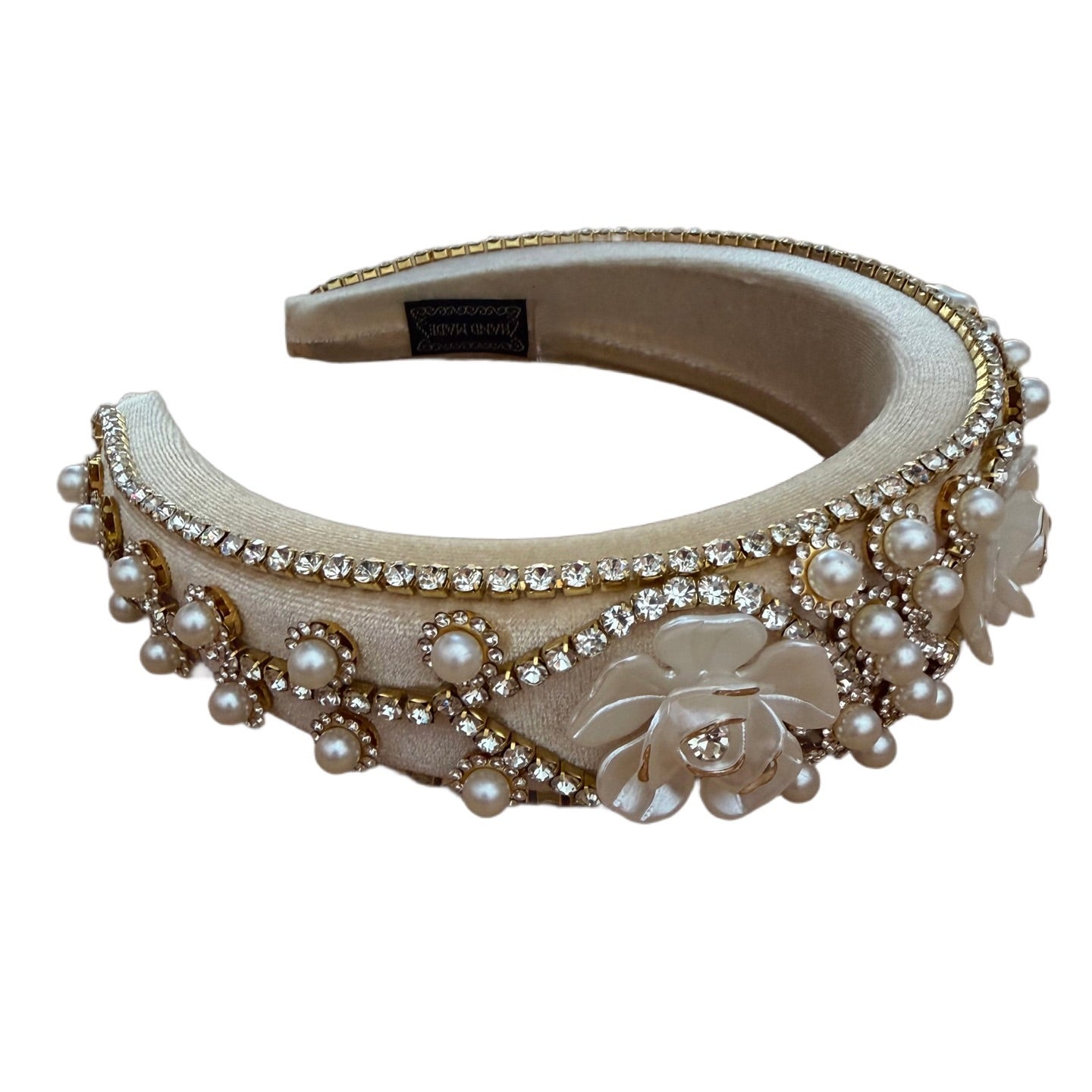 Eleganter Haarreifen mit Perlenblüten & Strass – Luxuriöser Glamour in Creme und Gold