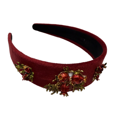 Burgunderblüte — Weinroter Samt‑Haarreif mit roten, grünen & goldenen Blüten