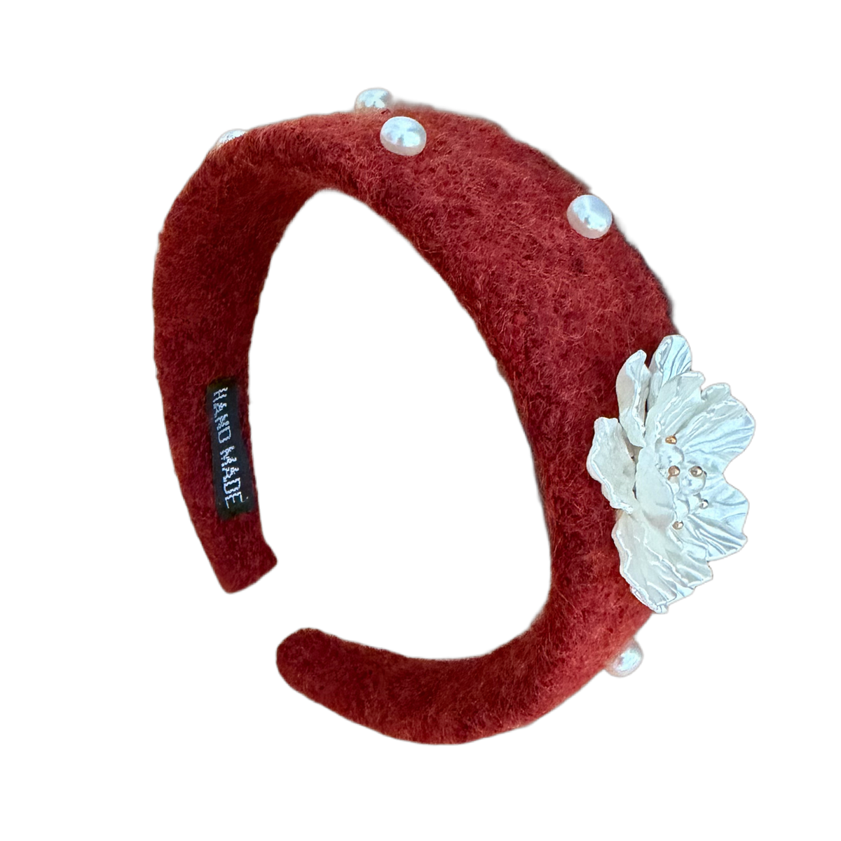 Eleganter Woll-Haarreifen mit Blüte & Perlen – romantischer Chic für besondere Looks