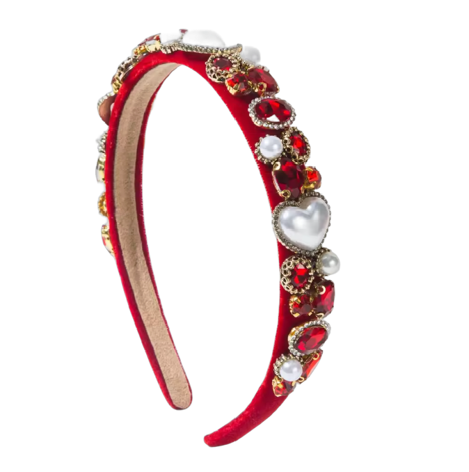 Roter Samt-Haarreifen mit Strass, Perlen & Herzen – Glamouröses Accessoire mit Herz