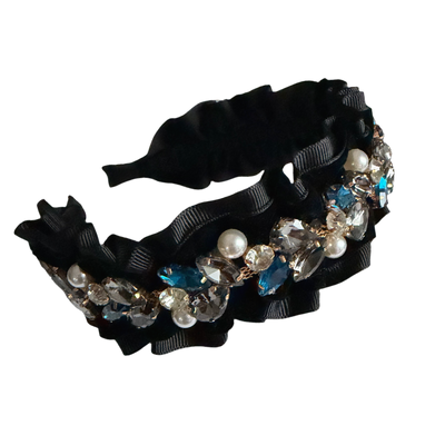 Nachtwein — Schwarzer Samt‑Rebsband‑Haarreif mit Perlen & Strass