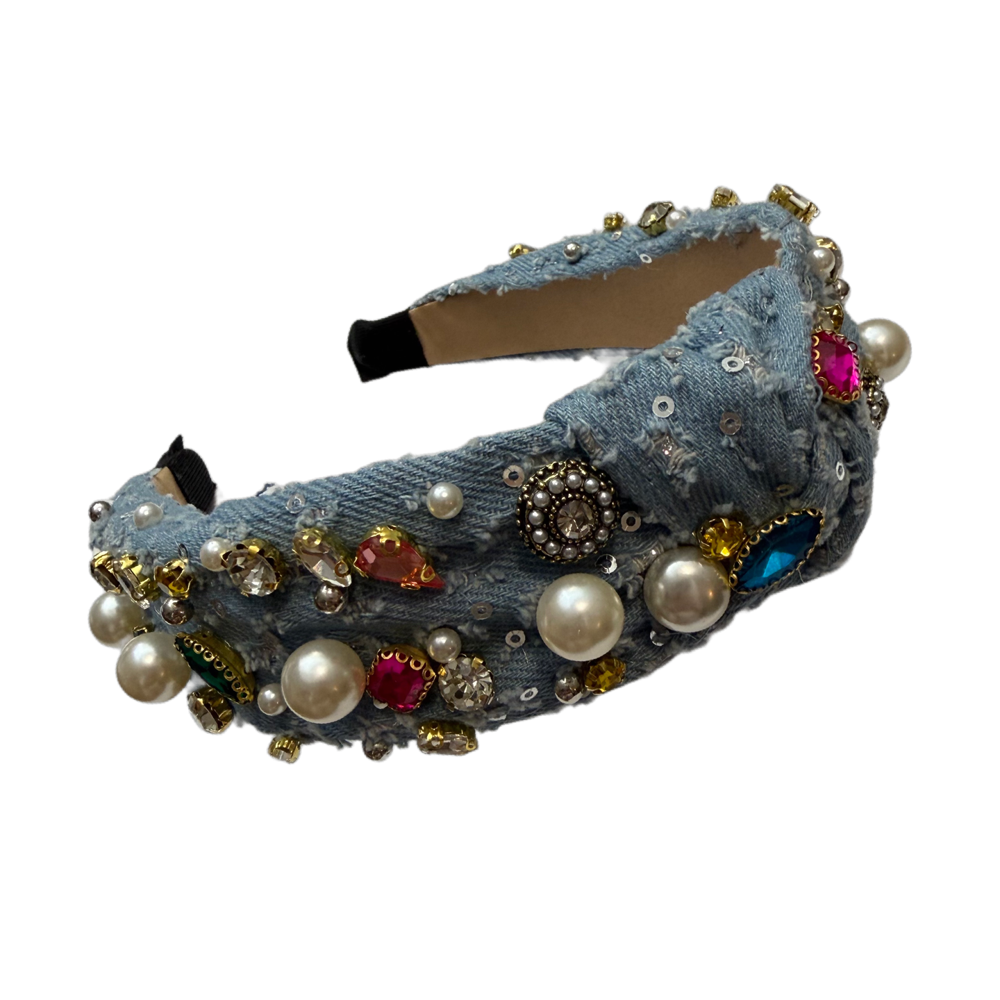 Knotenpoesie — Jeansreif mit Silberpailletten, Strass & Perlen