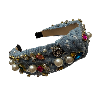 Knotenpoesie — Jeansreif mit Silberpailletten, Strass & Perlen