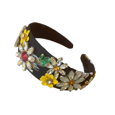 Serre-tête noir avec fleurs en pierres et perles