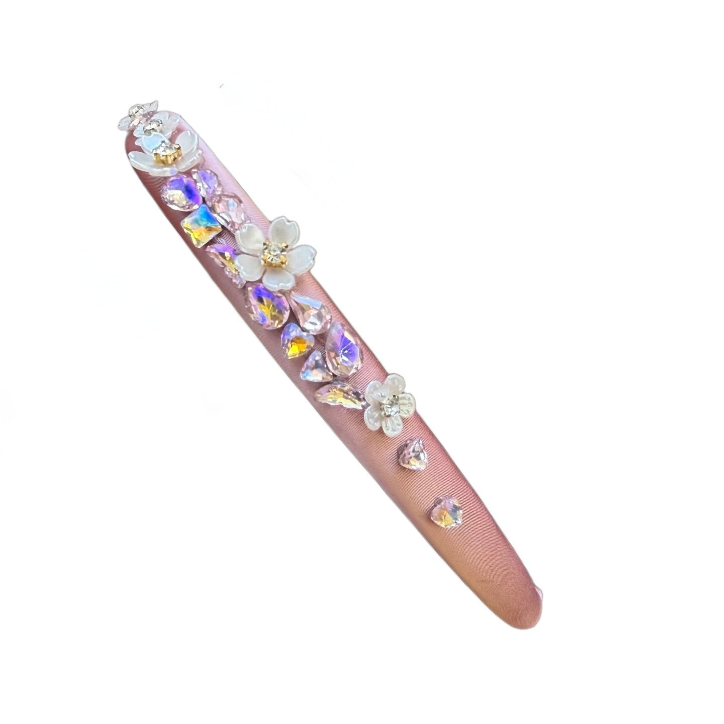 Schmaler Satin-Haarreifen mit Blüten & Strass – Zarte Eleganz mit glamourösem Glanz