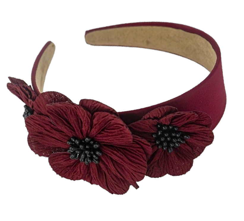 Dreiblüte — Eleganter Satin‑Haarreif mit seitigem Blumenbouquet