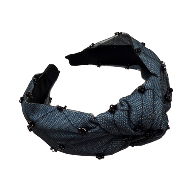 Himmelsfalter — Jeans‑Tüll‑Reif mit Glasperlen, oben mittig geknotet