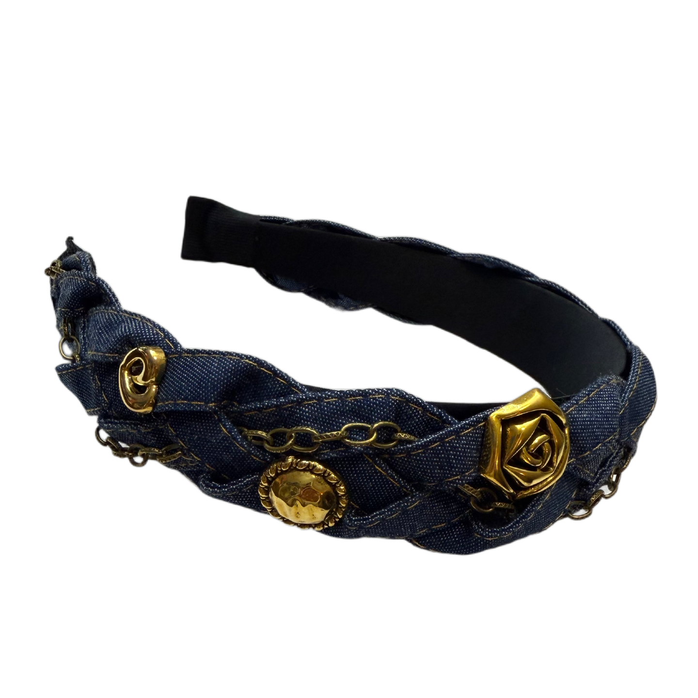 Urban Kranz — Geflochtener Jeansreif mit Kettendetail und Goldakzenten