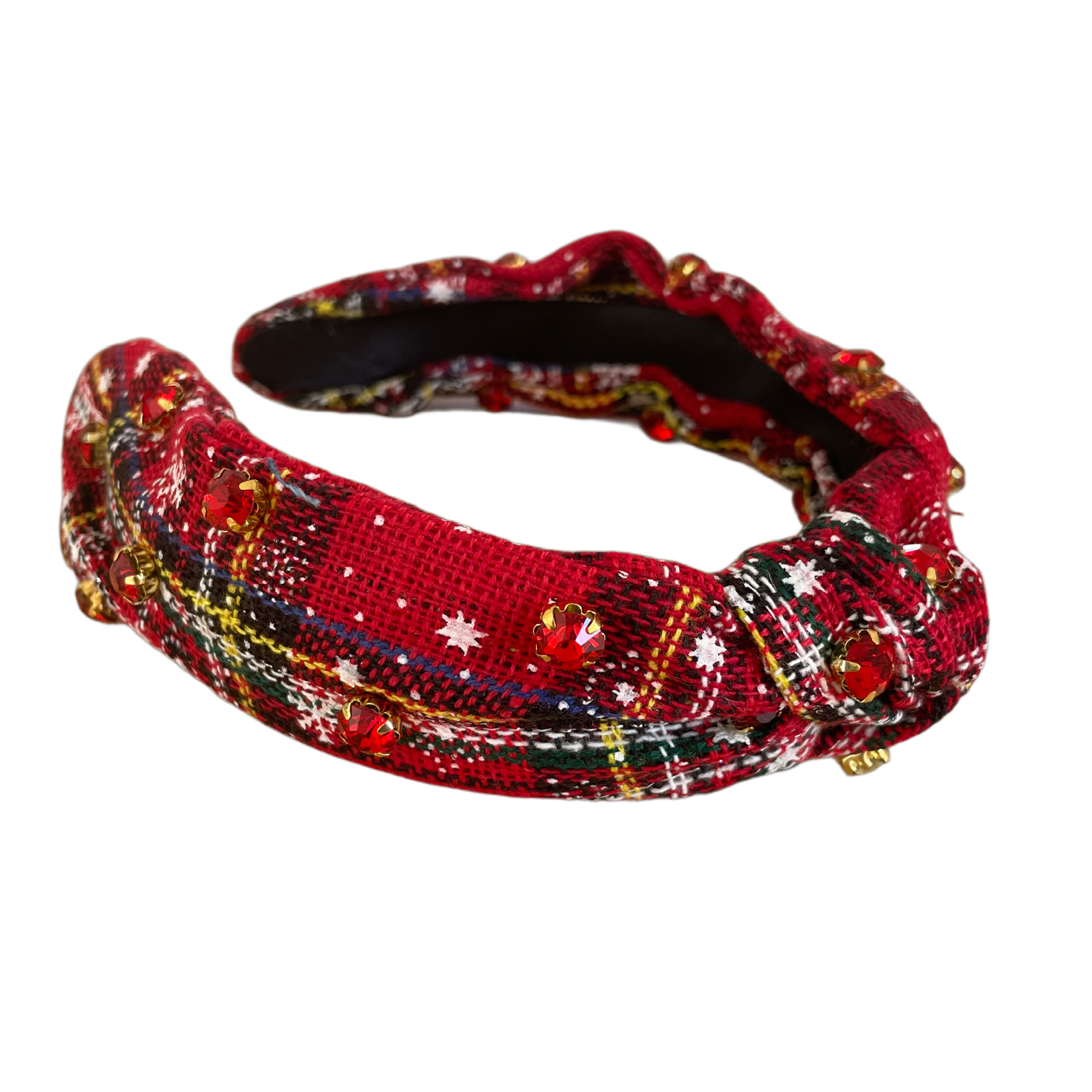 Festlicher Haarreifen mit kariertem Stoff, Perlen und funkelnden Strasssteinen