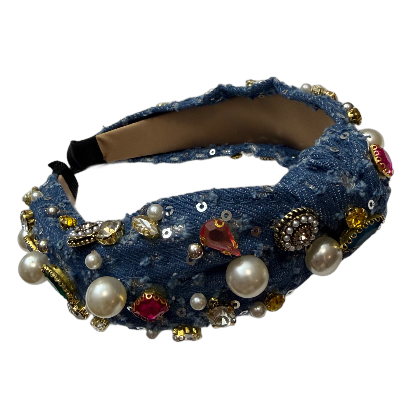 Knotenpoesie — Jeansreif mit Silberpailletten, Strass & Perlen