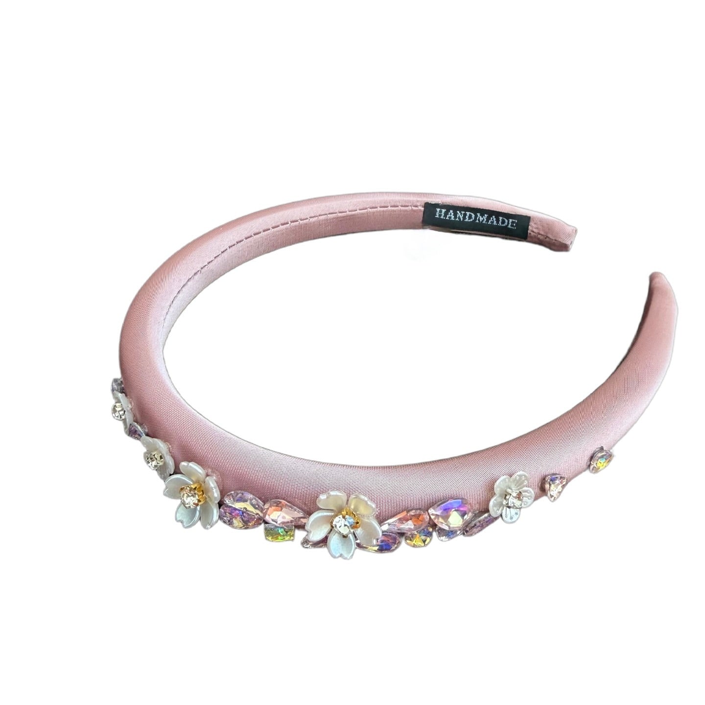 Schmaler Satin-Haarreifen mit Blüten & Strass – Zarte Eleganz mit glamourösem Glanz