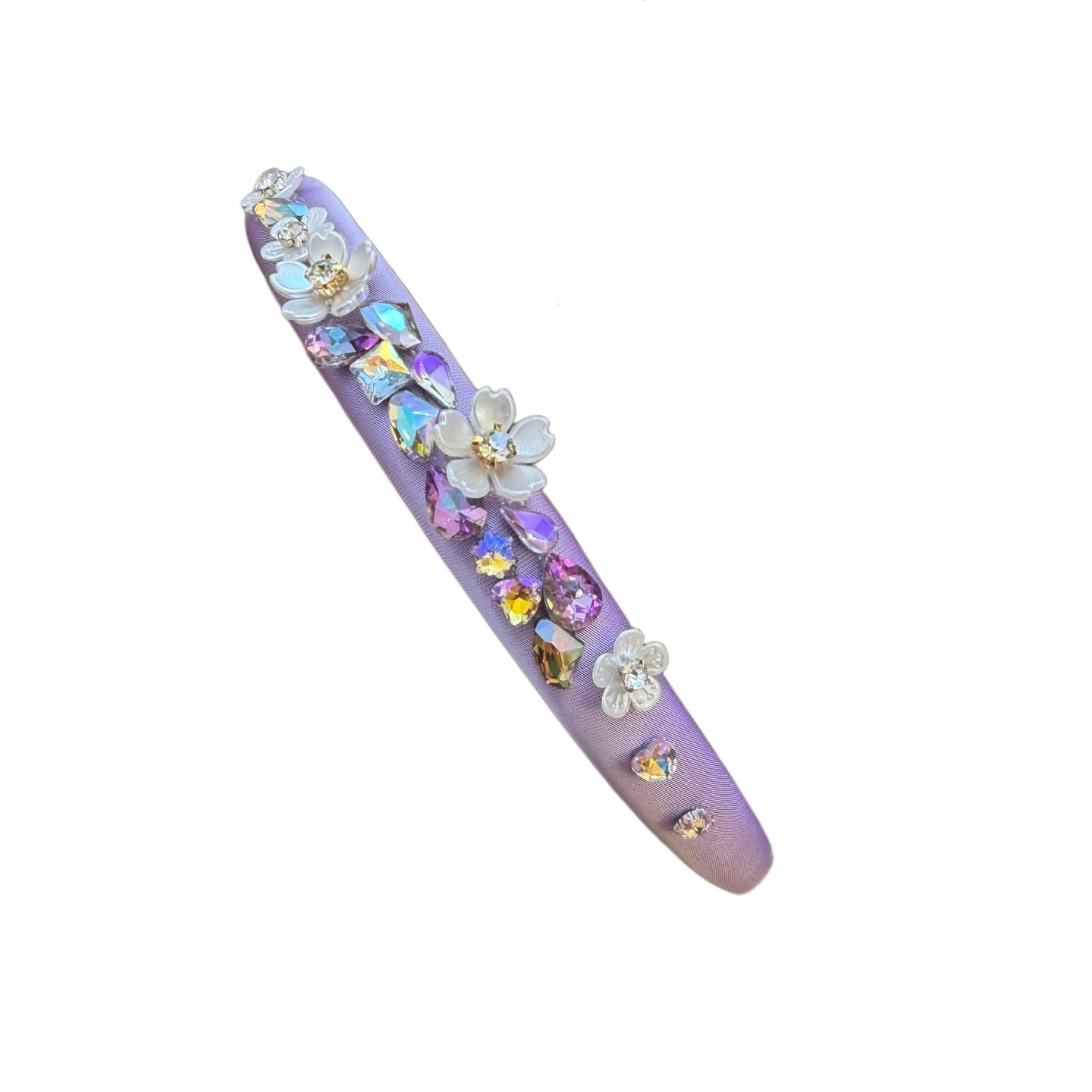 Schmaler Satin-Haarreifen mit Blüten & Strass – Zarte Eleganz mit glamourösem Glanz