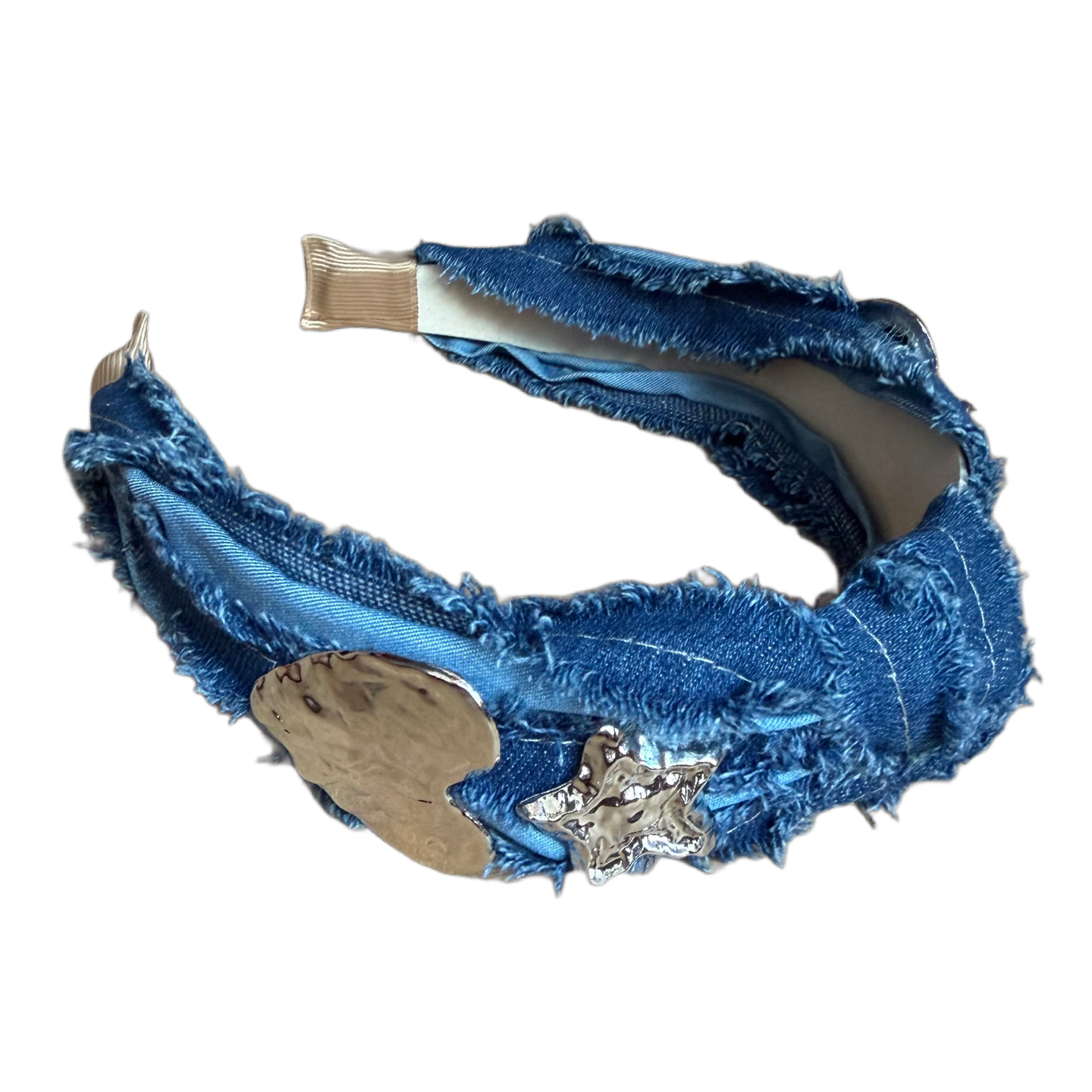 Jeans-Haarreifen mit grossen Herzen & Sternen – Lässiger Denim-Look mit glamourösem Akzent